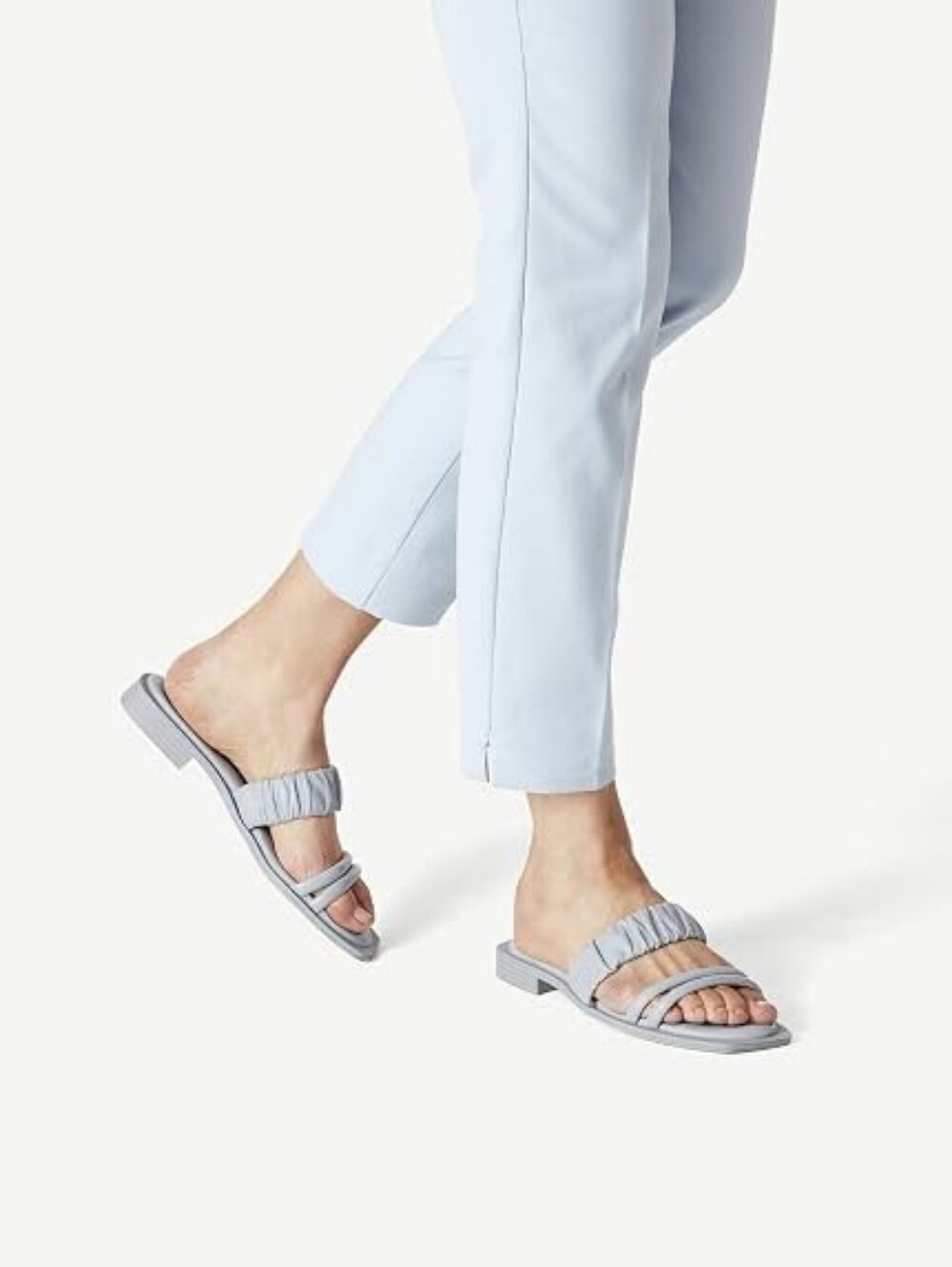 Ruched Strap Slide Sandals in Light Gray